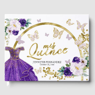 D'or Quinceanera Livre d'invité Robe papillon pourpre