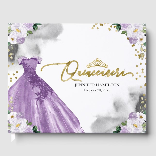 D'or Quinceanera Livre d'invité Robe violette Floral (Recto)