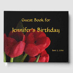 D'or Red Tulips Floral Birthday Party Livre d'invité