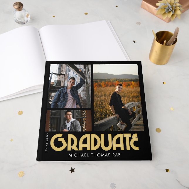 D'or Retro Graduate Multi Photo Livre d'invité (Recto ouvert)