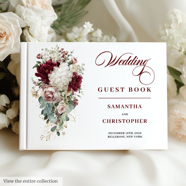 D'or Romantique Boho Bourgogne Mariage blanc livre d'hô (Romantic Boho Burgundy White Wedding Guest Book)