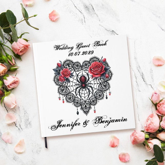 D'or Romantique gothique Mariage livre d'invité avec Sp (White wedding guest book with dark romance lace spider web and roses - gothic stylle)