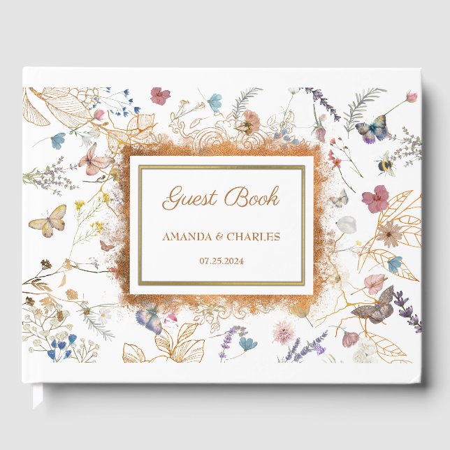 D'or Rose Gold Butterfly Garden Mariage Livre d'invité (Recto)