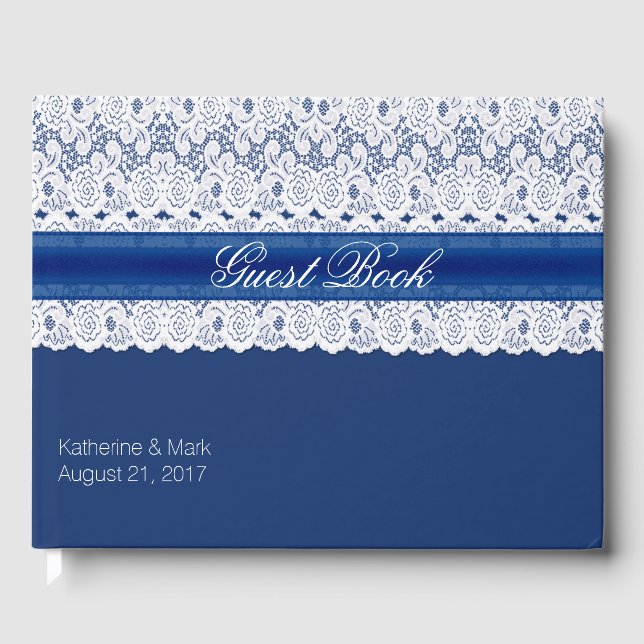 D'or Royal Blue avec dentelle Mariage livre d'hôtes (Recto)