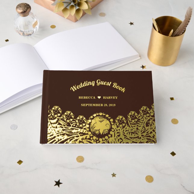 D'or Rustic Country Western Mariage Foil Livre d'invité (Recto ouvert)