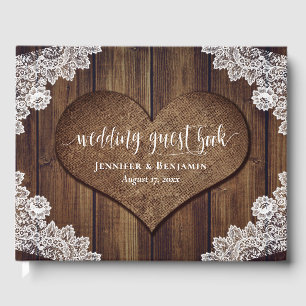 D'or Rustic Wood Burlap Lace Mariage livre d'hôtes