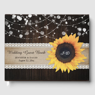 D'or Rustic Wood Burlap Sunflower Livre d'invité Mariag