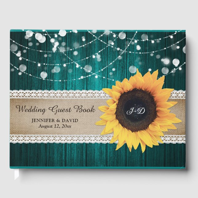 D'or Rustic Wood Turquoise Tournesol Mariage Livre d'in (Recto)
