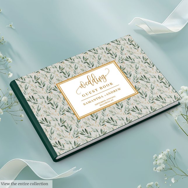 D'or Sage Artistique Livre D'Invité Mariage Vert Et Or (Artistic Sage Green And Gold Wedding Guest Book)