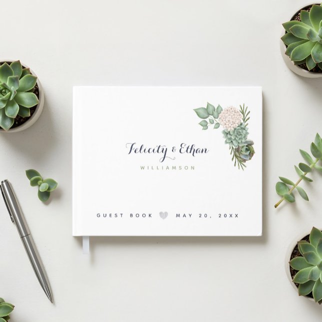 D'or Sage Floral Flowers White Wood Mariage livre d'hôt (Sage Floral Flowers White Wood Wedding Guest Book)