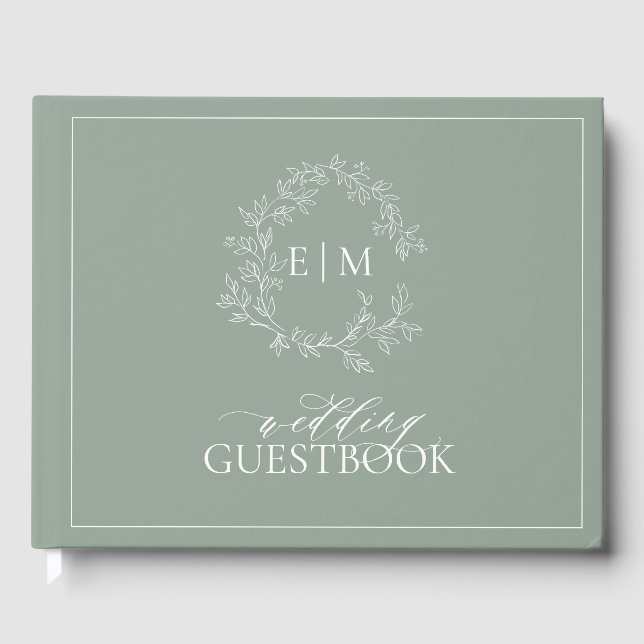 D'or Sage Green Leafy Crest Monogram Mariage Livre d'in (Recto)