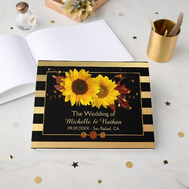 D'or Sunflowers Gold Stried Mariage Livre d'invité (Recto ouvert)