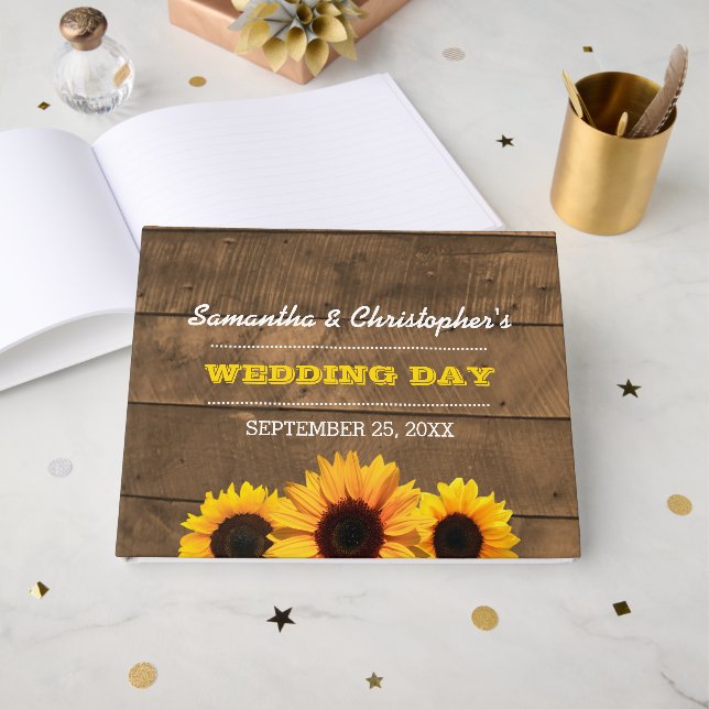 D'or Sunflowers & Rustic Wood Mariage Livre d'invité (Recto ouvert)
