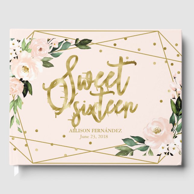 D'or Sweet 16 Livre d'hôtes Gold Foil Blush Pink Floral (Recto)