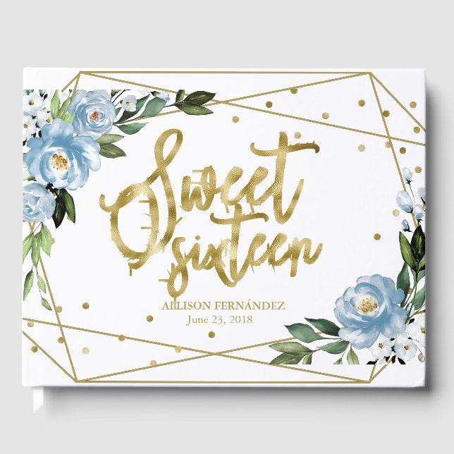 D'or Sweet 16 Livre d'hôtes Gold Foil Dusty Blue Floral (Recto)