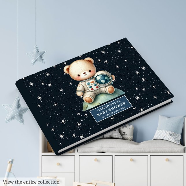 D'or Teddy Bear Astronaut Baby shower Invité Livre des  (Teddy Bear Astronaut Baby Shower Guest Sign Book)