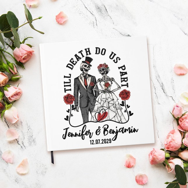 D'or Till Death Do Us Part Halloween Mariage Livre d'in (White wedding guest book with skeletons - till death do us part)