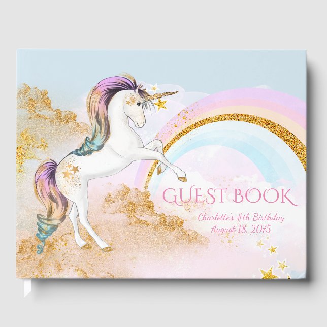 D'or Unicorn Birthday Party Livre d'invité (Recto)