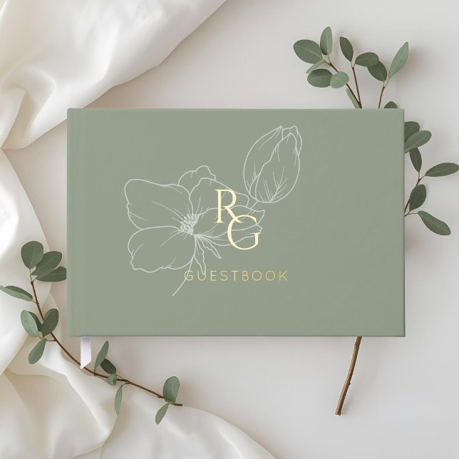 D'or Vert sage | Chic Monogram Mariage livre d'hôtes (Créateur téléchargé)