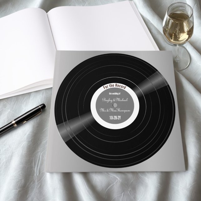 D'or Vinyl Record Mariage noir et blanc livre d'hôtes (Personalized vinyl record square wedding guestbook.)
