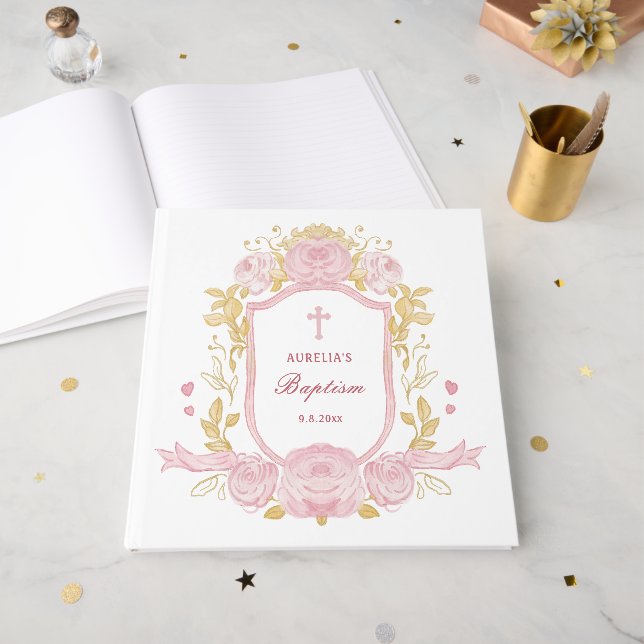 D'or Watercolor Rose Crest Baptism Livre d'invité (Recto ouvert)