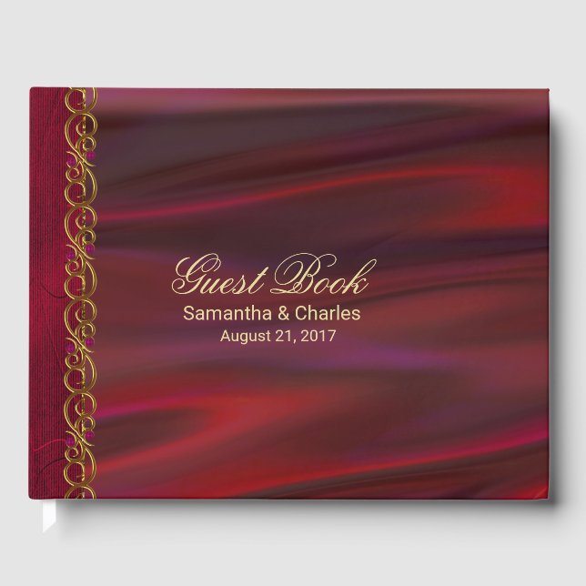 D'or Wine Red Satin Look Mariage Livre d'invité (Recto)