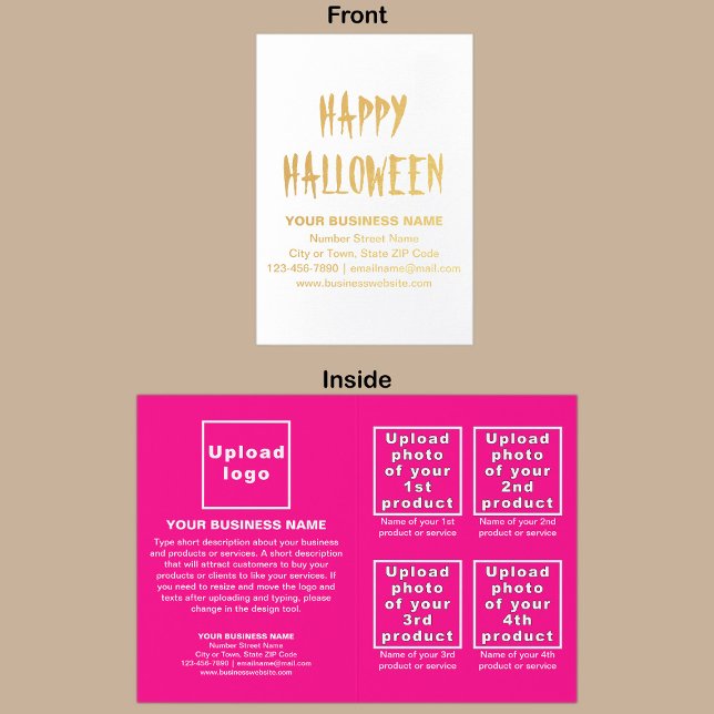 Dorée Carte à huile d'Halloween de marque commerciale ro (Pink business brand with products or services on Halloween folded foil card.)