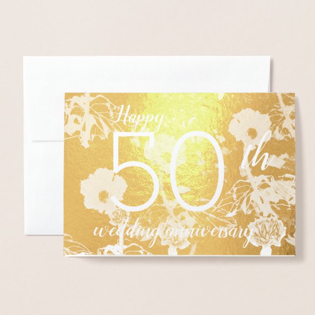 Dorée Carte d'anniversaire de mariage 50 ans avec fleurs (Devant avec enveloppe)