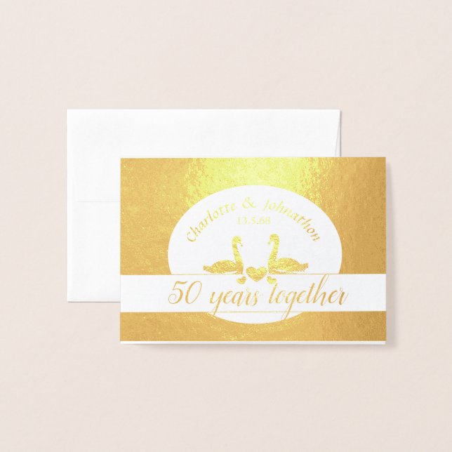 Dorée Carte d'anniversaire du 50e mariage en or du cygne (Devant avec enveloppe)