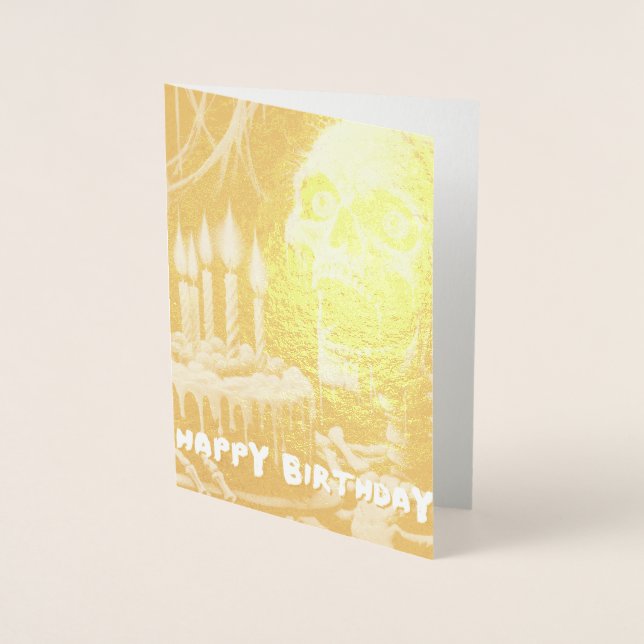 Dorée Carte d'anniversaire effrayante un squelette un gâ (Devant)