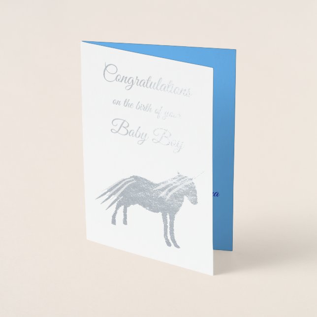 Dorée Carte de félicitations pour bébé bleu mignon garço (Devant)