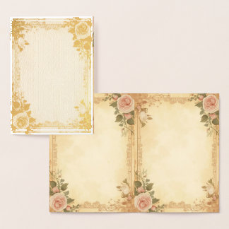 Dorée Carte Élégante à Feuille d'Or – Motif Rose Vintage