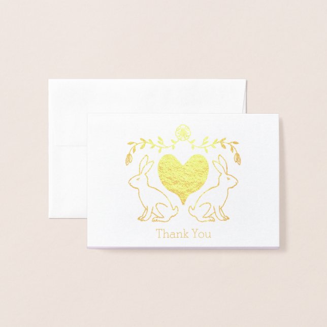 Dorée Foil Bunny & Carte de remerciements de coeur (Devant avec enveloppe)