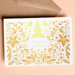 Dorée Gold Foil Joli Oiseaux et Fleurs Carte de Noël