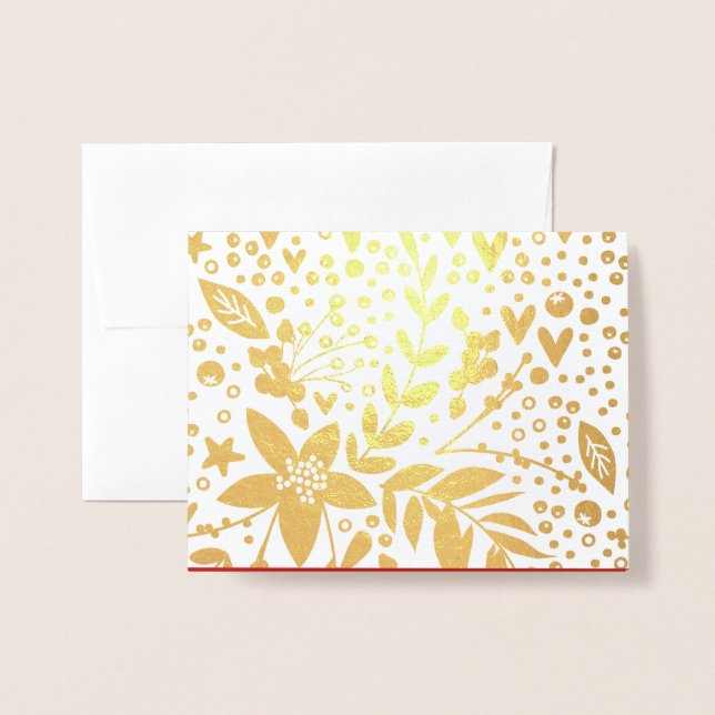 Dorée Gold Foil Jolie Festive Flowers Carte de Noël (Devant avec enveloppe)