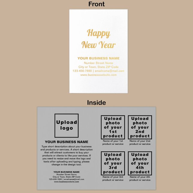 Dorée Gris marque d'affaires sur la carte d'huile de Nou (Gray business brand with products or services on New Year folded foil card.)