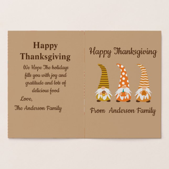 Dorée Joyeux Gnome de Thanksgiving drôle Carte de vacanc (Intérieur)