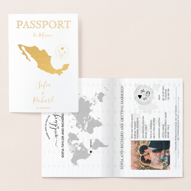 Dorée Mariage Destination Passport Carte du monde Mexiqu (Affichage)