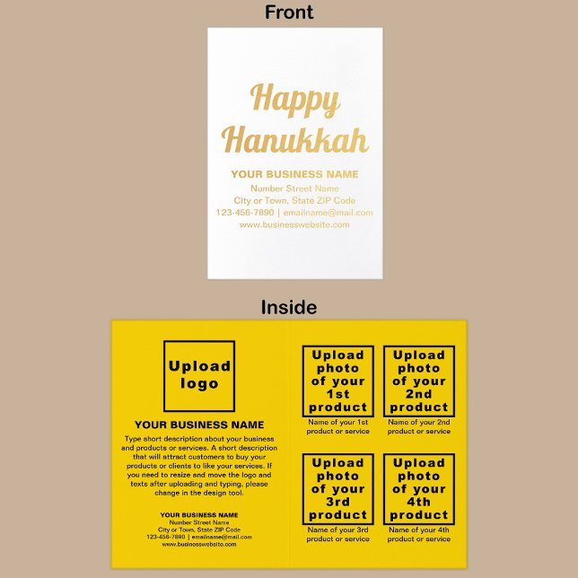 Dorée Marque commerciale jaune sur carte de papier d'alu (Yellow business brand with products or services on folded foil card.)
