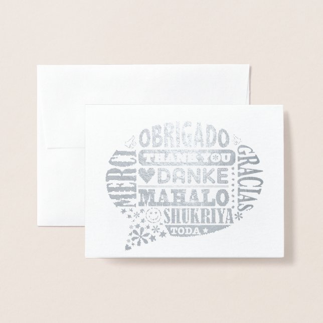 Dorée Merci dans de nombreuses langues Foil Carte de voe (Devant avec enveloppe)
