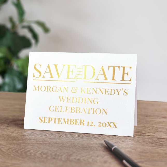 Dorée Simple Enregistrer La Carte Foil Date Mariage Cele (A gold foil Save the Date folded card with space for your wedding details. Congratulations!)