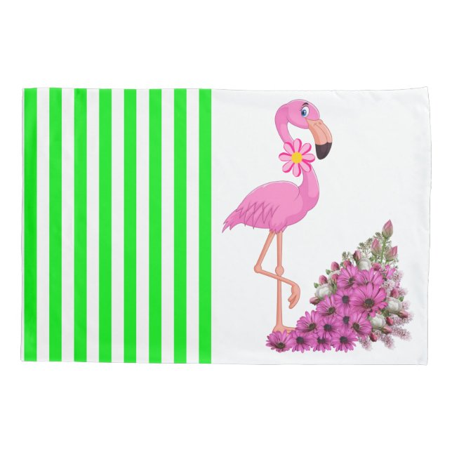 D'oreillers Housse de Coussin Rayure Verte Flamant Rose Floral (Dos)