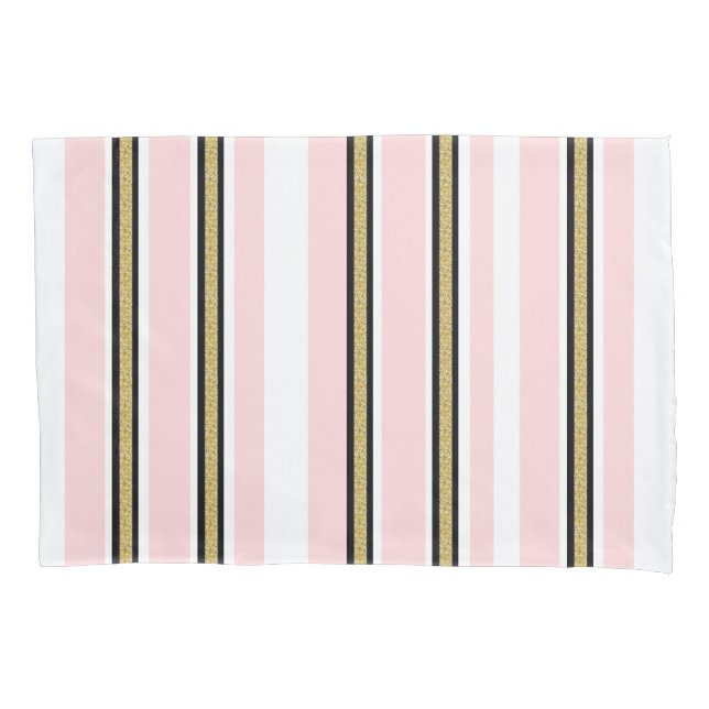 D'oreillers Housse de coussin rose et or blanc rayure noire (devant)