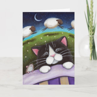 Dormir Chat & Souris Rêve de mouton - Carte d'art 
