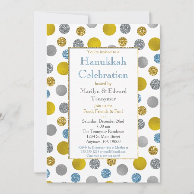 Dots Bleus Or Argent Hanoukka Invitation (Devant)