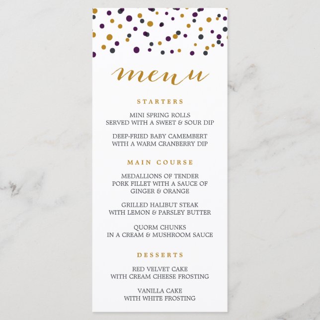 Dots Confetti Purple & Gold - Carte de menu modern (Devant)