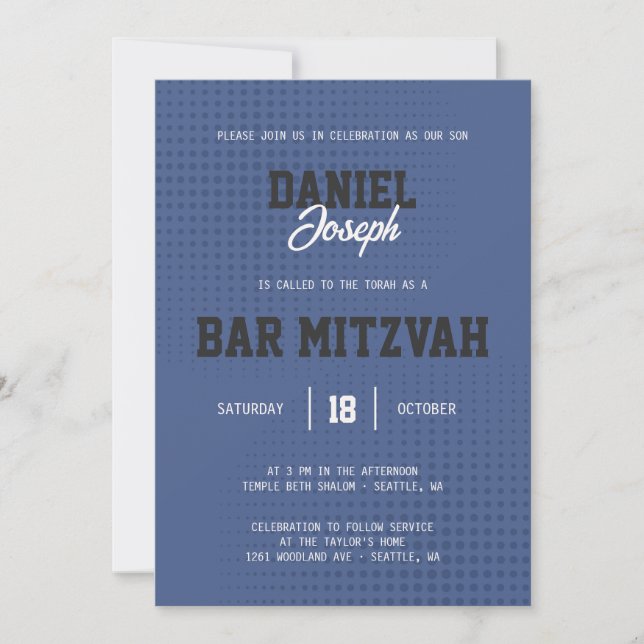 Dots sports bleu Bar Mitzvah invitation (Devant)