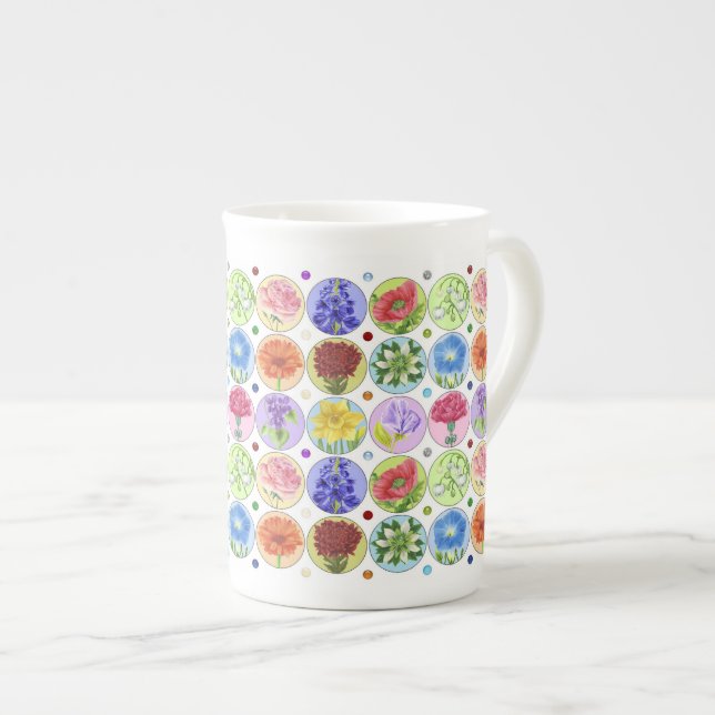 Dotty Birth Flower and Gem Bone China Mug (Devant droit)