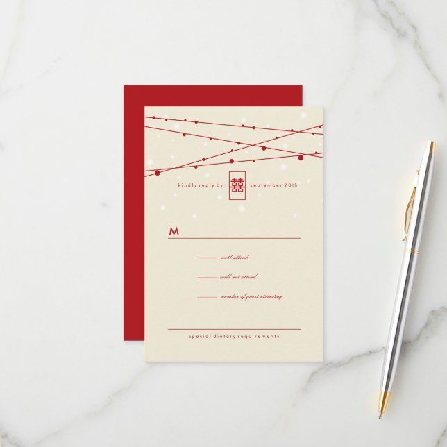 Double Bonheur Fairy Lights Mariage chinois RSVP (Devant/Arrière en situation)
