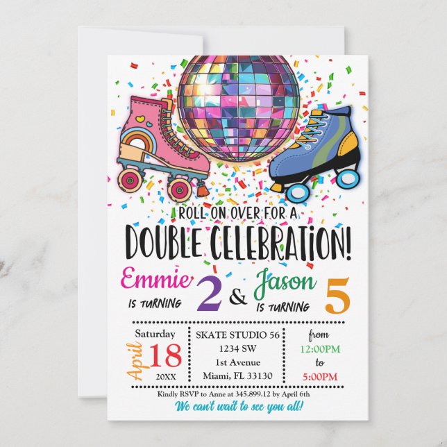 Double Célébration Roller Skating Disco Invitation (Devant)